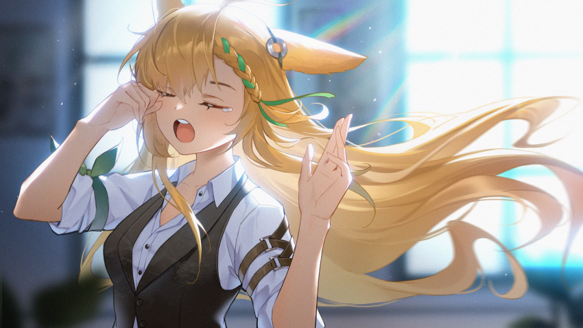 1girl, :o, animal_ears, arknights, bangs, black_vest, blonde_hair, blurry