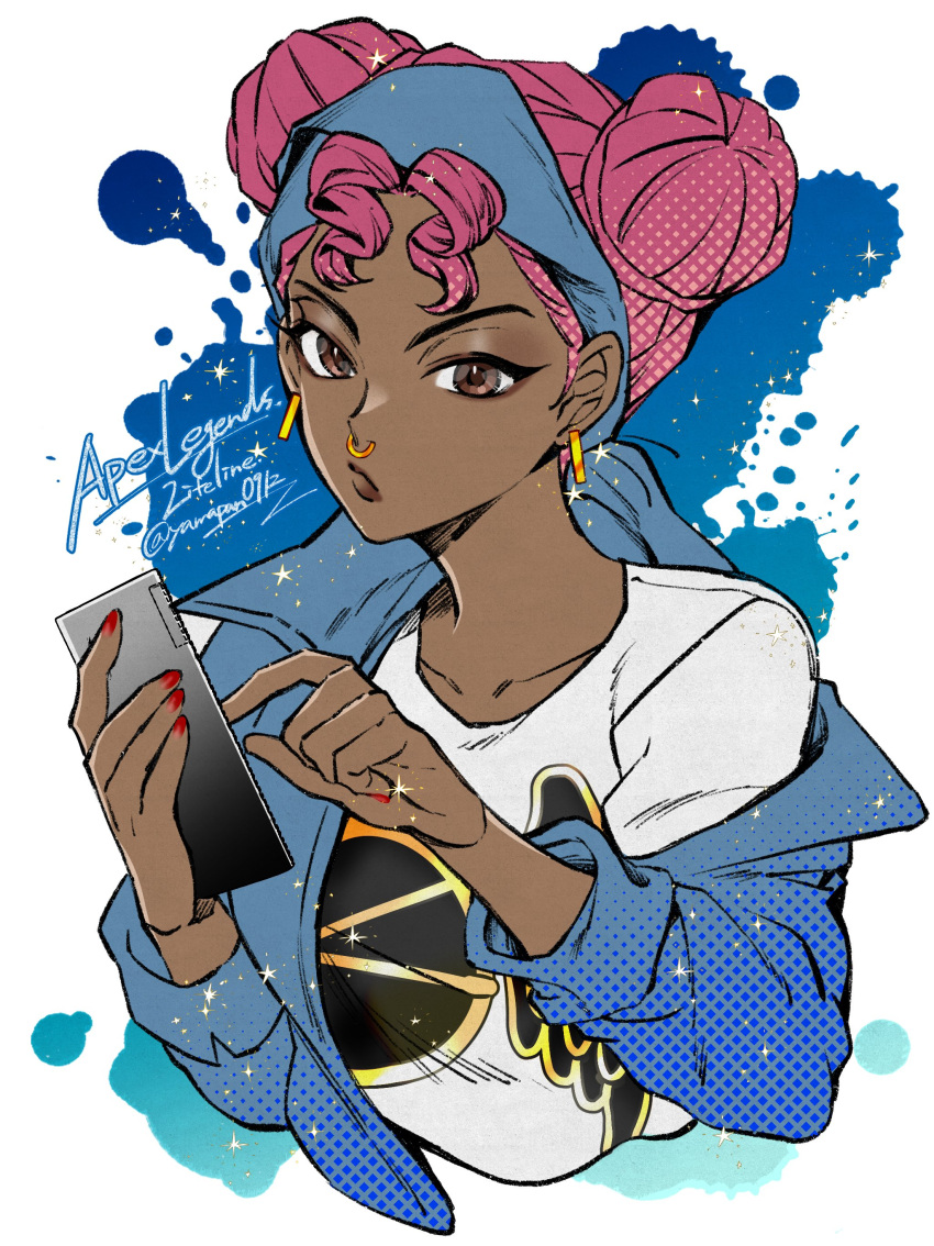 1girl, absurdres, animification, apex_legends, blue_headband, blue_jacket, brown_eyes, cellphone