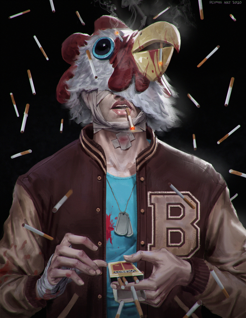 absurdres, bandages, black_background, blood, blood_stain, chicken_mask, cigarette, deimos_art, highres, hotline_miami, jacket, jacket_(hotline_miami), mask, non-web_source, open_clothes, open_jacket, simple_background