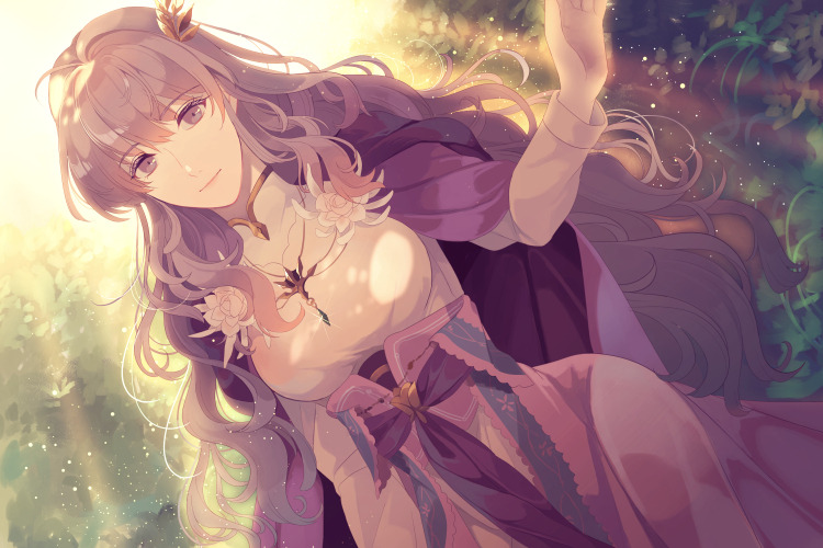 1girl, cloak, deirdre_(fire_emblem), dress, fire_emblem, fire_emblem_heroes, flower, jewelry, kabitakamaboko, leaf, long_hair, looking_at_viewer, necklace, purple_cloak, purple_dress, purple_hair, smile, sunlight, violet_eyes, wavy_hair, white_flower