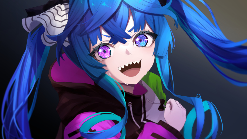 1girl, @_@, absurdres, ahoge, animal_ears, blue_eyes, blue_hair, clenched_hand, hair_between_eyes, heterochromia, highres, hood, hoodie, horse_ears, horse_girl, long_hair, looking_at_viewer, multicolored_clothes, multicolored_hoodie, open_mouth, sharp_teeth, simple_background, smile, solo, sweat, teeth, toa510, twin_turbo_(umamusume), twintails, umamusume, upper_teeth, violet_eyes