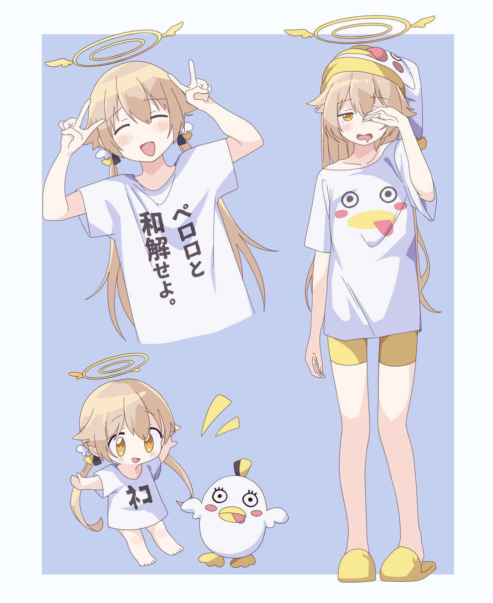 1girl, alternate_costume, bangs, barefoot, blue_archive, blush, chibi, closed_eyes