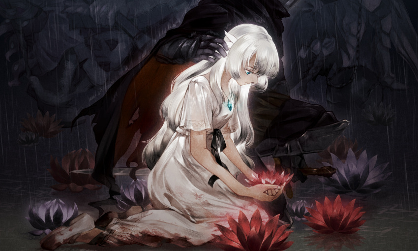 1boy, 1girl, armor, bangs, blue_eyes, cape, cloak, dress, ender_lilies_quietus_of_the_knights, full_armor, highres, hood, hooded_cape, hooded_cloak, kneeling, knight, lily_(ender_lilies), long_hair, looking_down, pearjarrr, rain, sidelocks, solo_focus, umbral_knight_(ender_lilies), water_lily_flower, white_dress, white_hair