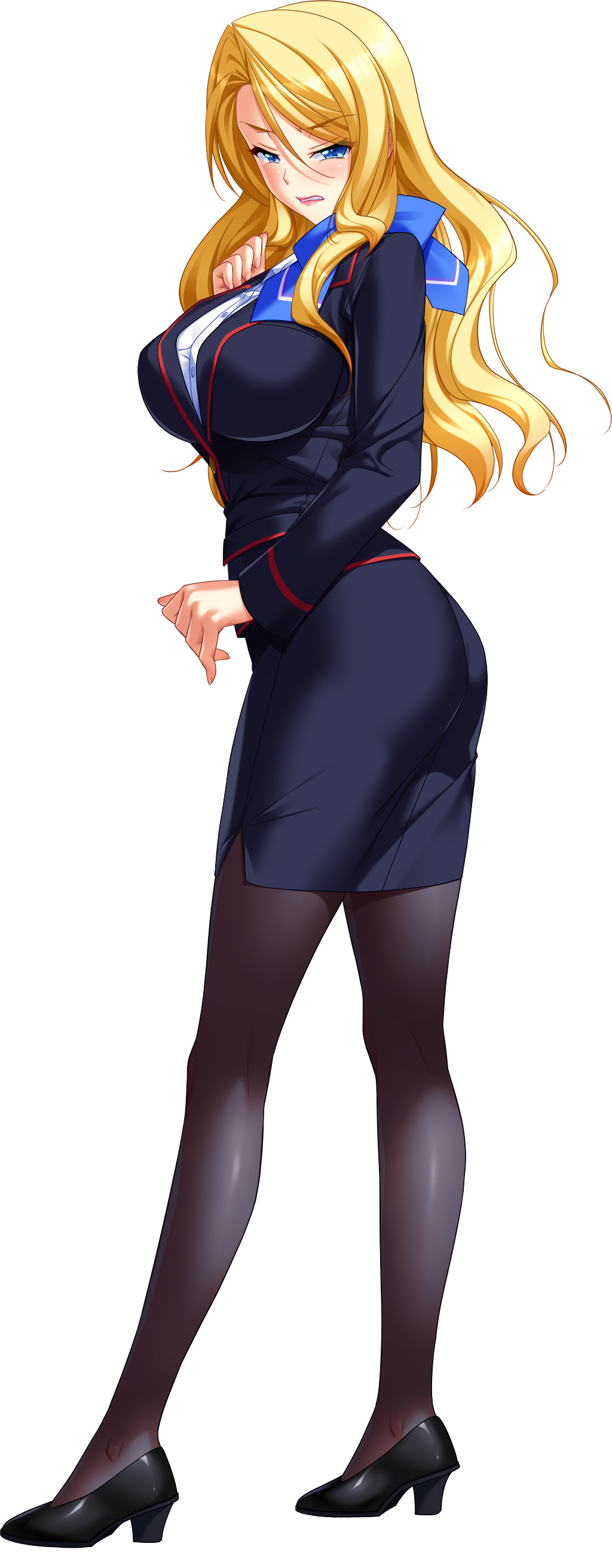 1girl, absurdres, black_footwear, black_pantyhose, black_skirt, blazer, blonde_hair, blush