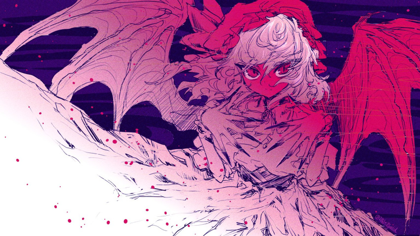 1girl, bangs, closed_mouth, commentary_request, cowboy_shot, demon_wings, dress, fingernails