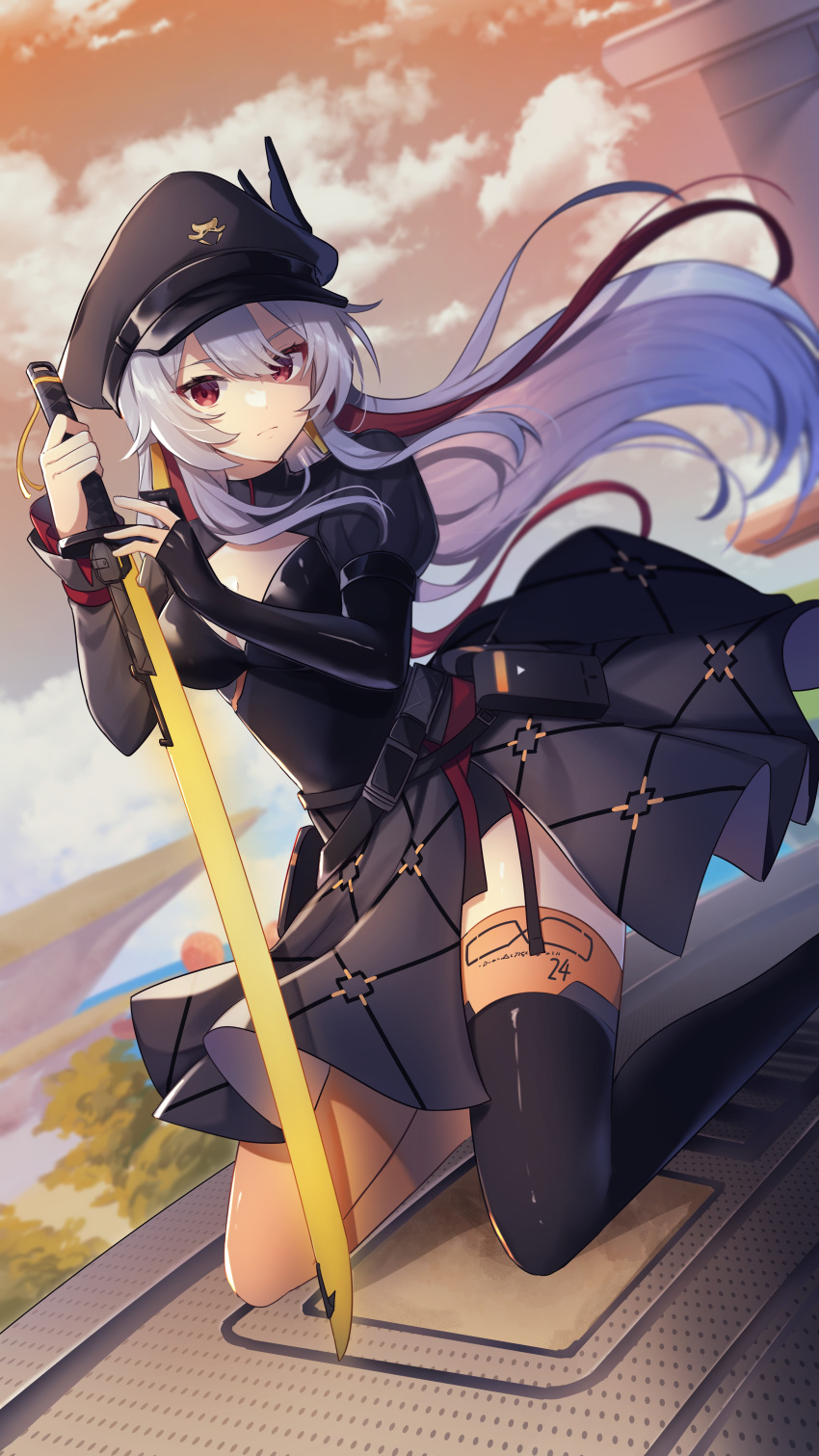 1girl, absurdres, black_dress, black_gloves, black_thighhighs, blurry, blurry_background, breasts, claudia_(tower_of_fantasy), dress, dusk, elbow_gloves, expressionless, gloves, hat, highres, holding, holding_sword, holding_weapon, long_hair, looking_at_viewer, medium_breasts, multicolored_hair, outdoors, red_eyes, shirase_(shirose), sword, thigh-highs, tower_of_fantasy, weapon