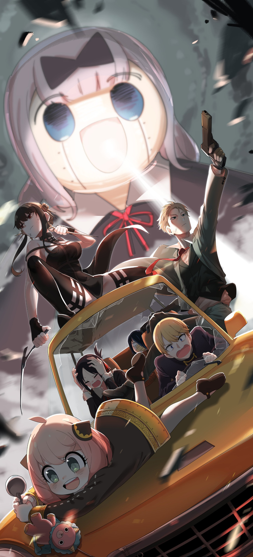 absurdres, car_chase, collaboration, giant_robo_(mecha), highres, kaguya-sama_wa_kokurasetai_~tensai-tachi_no_renai_zunousen~, non-web_source, spy_x_family