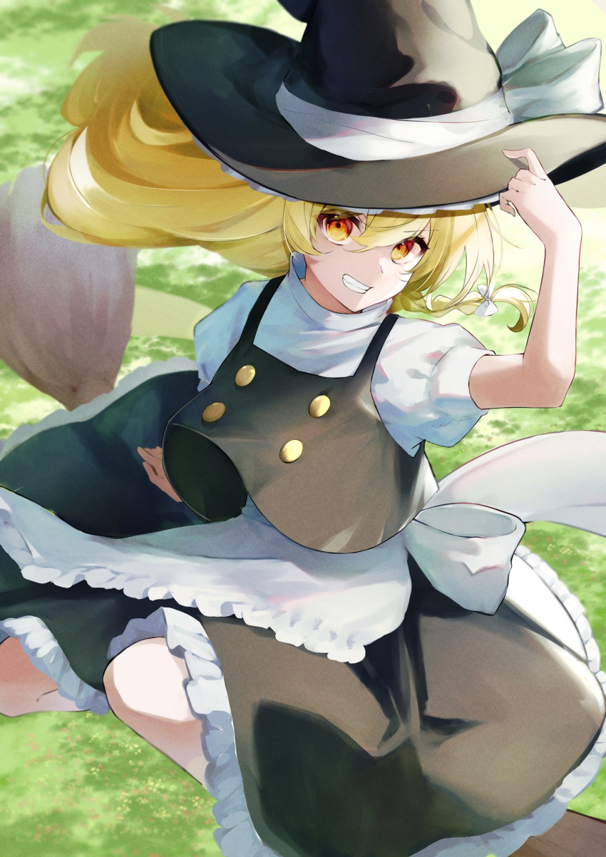 1girl, apron, black_headwear, black_skirt, black_vest, blonde_hair, bow, grin