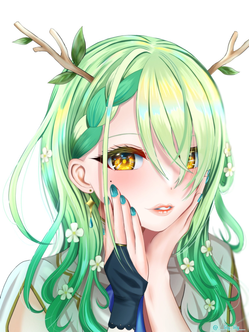 1girl, bangs, blush, braid, branch, ceres_fauna, earrings, flower, green_hair, hair_flower, hair_ornament, hands_on_own_face, highres, hololive, hololive_english, horns, jewelry, leaf, lily_lily, lipstick, looking_at_viewer, makeup, medium_hair, mole, nail_polish, parted_lips, wavy_hair, white_background, yellow_eyes