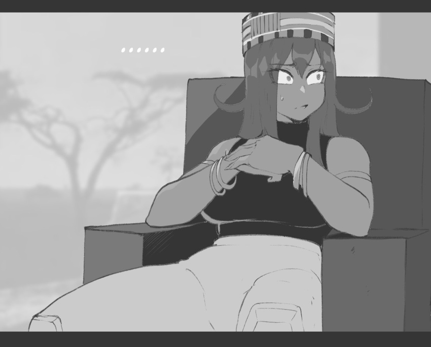 1girl, bracelet, closed_mouth, dark-skinned_female, dark_skin, highres, jewelry, kufi_(hat), letterboxed, long_hair, meme, nyantcha, original, pants, shirt, sitting, solo, sweatdrop, tsona_(nyantcha), wide-eyed
