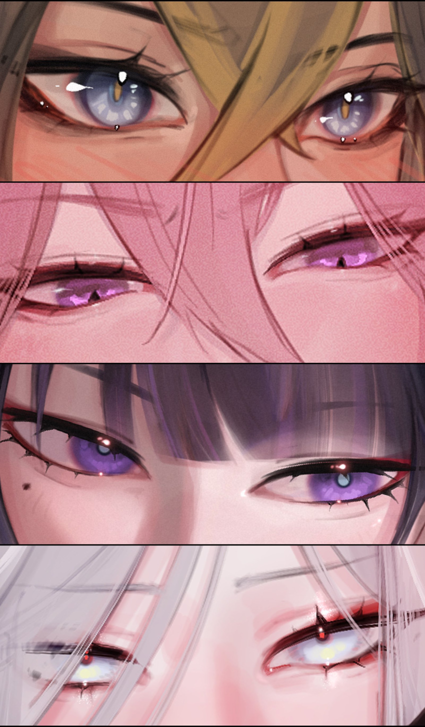 4girls, absurdres, bangs, blue_eyes, column_lineup, dehya_(genshin_impact), eye_focus, eyeshadow