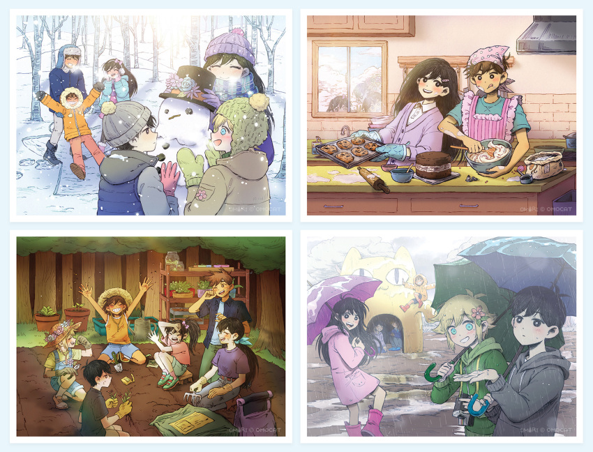 2girls, 4boys, arms_up, artist_name, aubrey_(omori), baking, baking_sheet, basil_(omori)