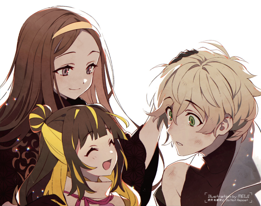 1girl, 2boys, ^_^, ^o^, artist_name, bangs, black_gloves, blonde_hair