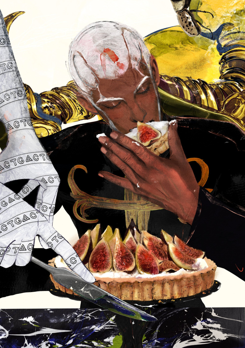 1boy, buzz_cut, cake, cake_slice, closed_eyes, cnrshd, dark-skinned_male, dark_skin
