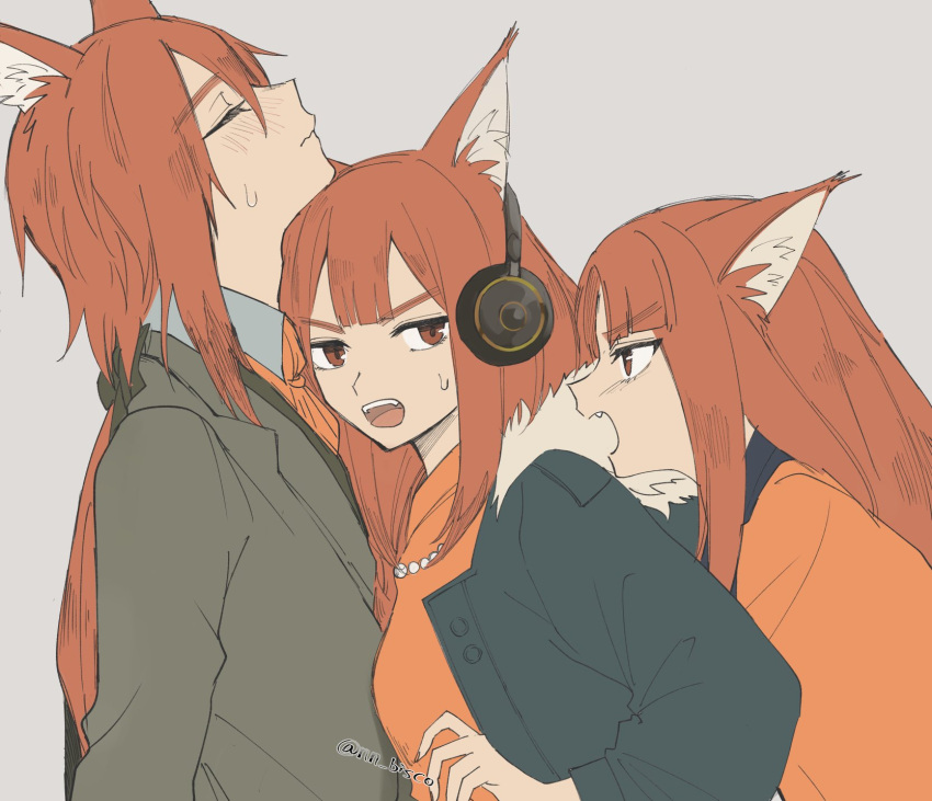 1boy, 2girls, animal_ears, arknights, black_jacket, blush, brown_eyes, brown_hair