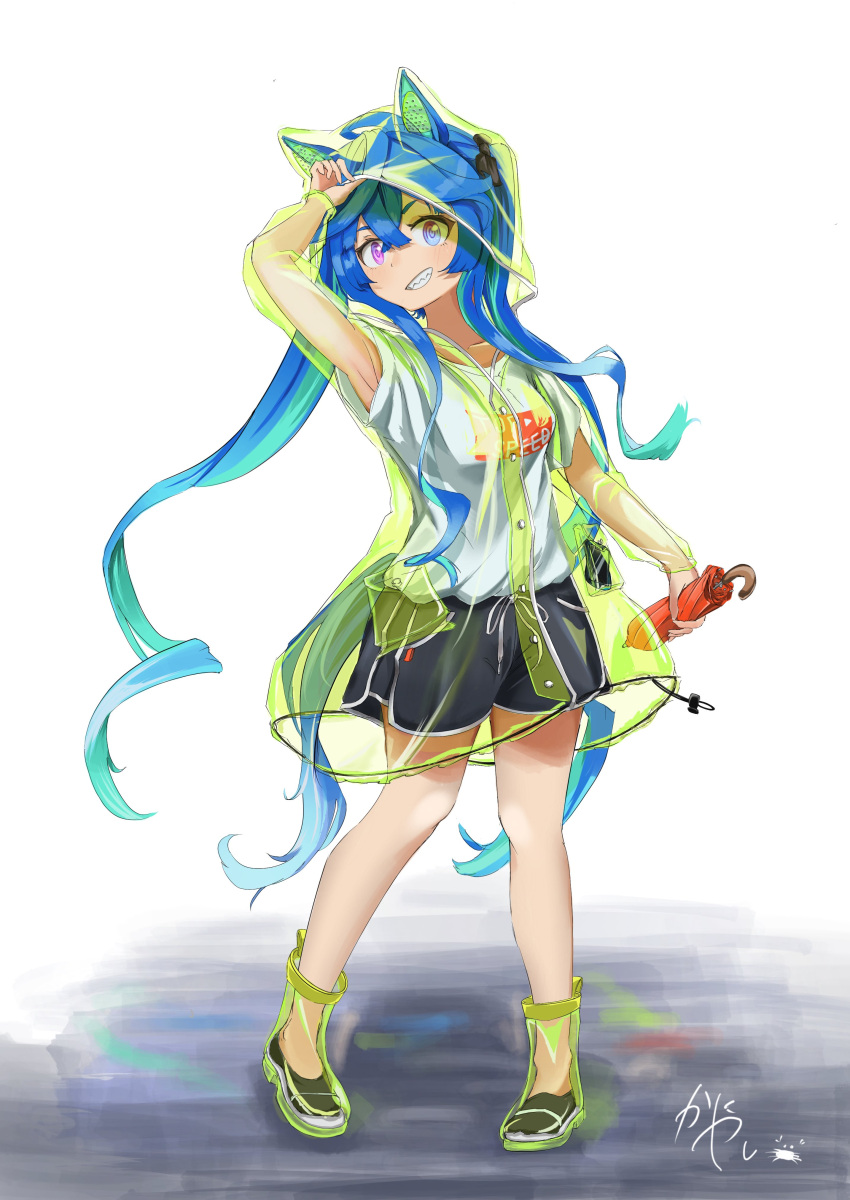 1girl, absurdres, animal_ears, armpit_peek, bangs, bare_legs, black_footwear, black_skirt, blue_eyes, blue_hair, boots, closed_umbrella, clothes_writing, hair_ornament, hand_up, heterochromia, highres, holding, hood, hood_up, hooded_coat, horse_girl, long_hair, looking_at_viewer, miniskirt, pink_eyes, raincoat, ricca_miz, rubber_boots, see-through, sharp_teeth, shirt, signature, simple_background, skirt, smile, solo, t-shirt, teeth, twin_turbo_(umamusume), twintails, umamusume, umbrella, very_long_hair, white_background, white_shirt