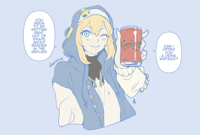 1girl, absurdres, androgyne_symbol, aurahack, blonde_hair, blue_background, bridget_(guilty_gear), can, copium_(meme), green_eyes, guilty_gear, guilty_gear_strive, highres, holding, holding_can, hood, jacket, looking_at_viewer, meme, one_eye_closed, simple_background, solo, transgender, transgender_girl, transgender_woman