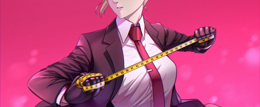 1girl, agent_47, agent_47_(cosplay), arms_up, black_gloves, black_suit, blonde_hair, blood