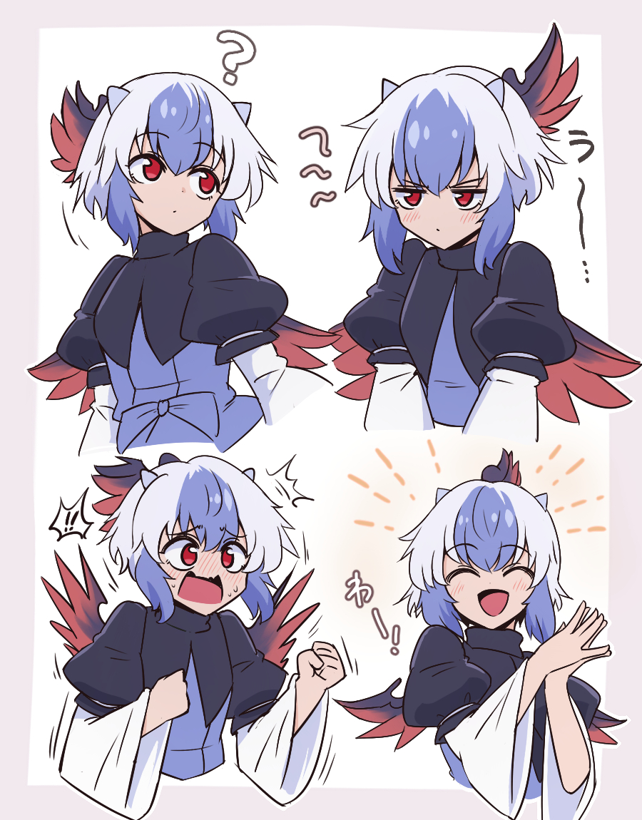 1girl, bangs, bird_wings, blue_hair, blush, clenched_hand, closed_eyes, closed_mouth