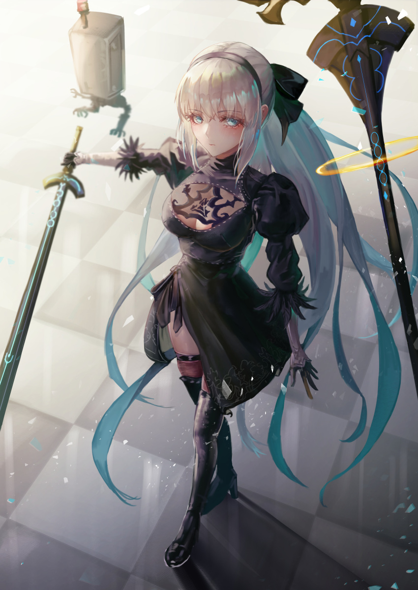 1girl, absurdres, black_bow, black_hairband, blue_eyes, boots, bow, braid