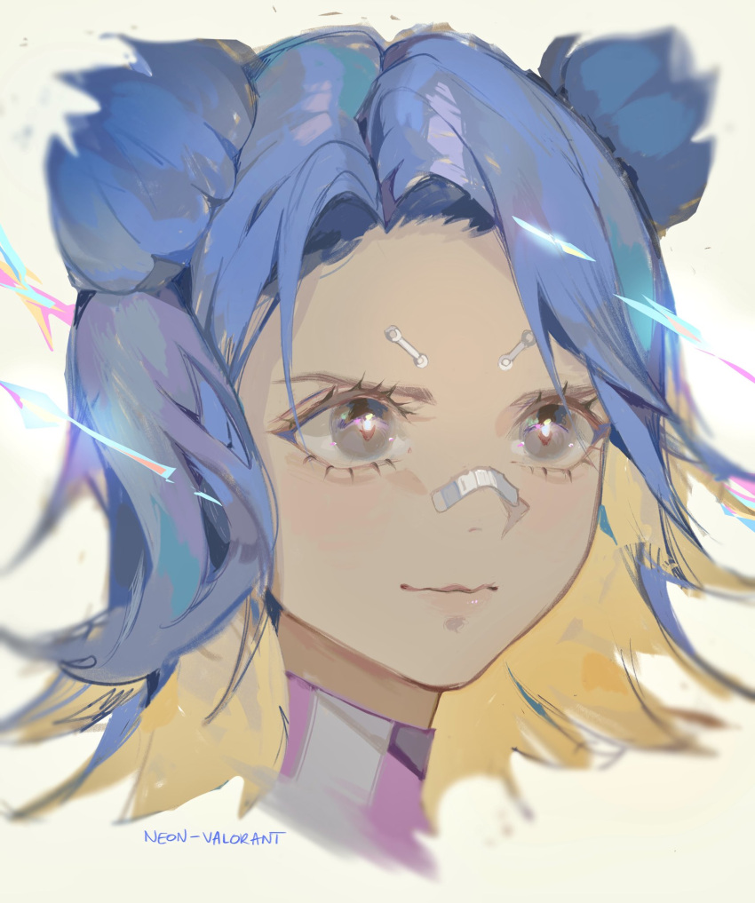 1girl, animification, black_eyes, blonde_hair, blue_hair, blush, character_name, colored_inner_hair