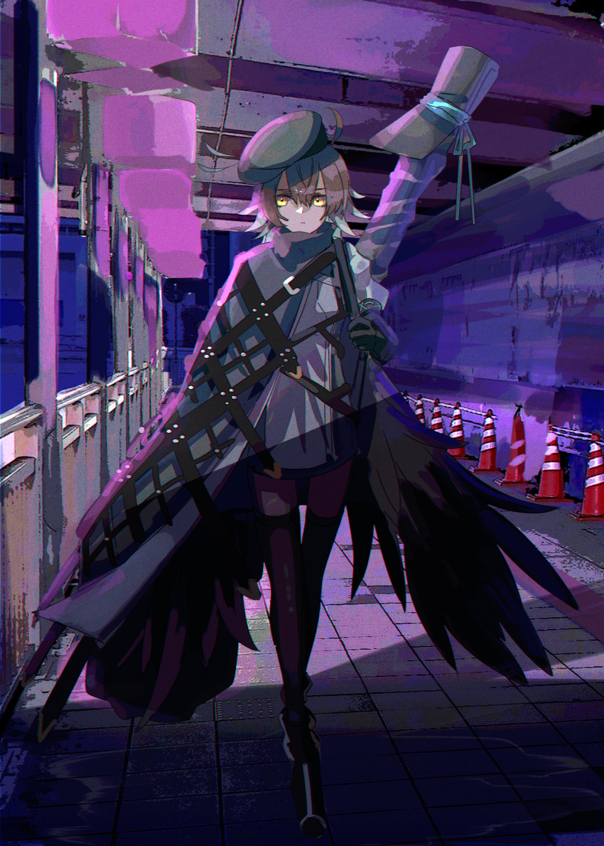 1girl, absurdres, arknights, beret, black_cape, black_headwear, black_pantyhose, brown_hair