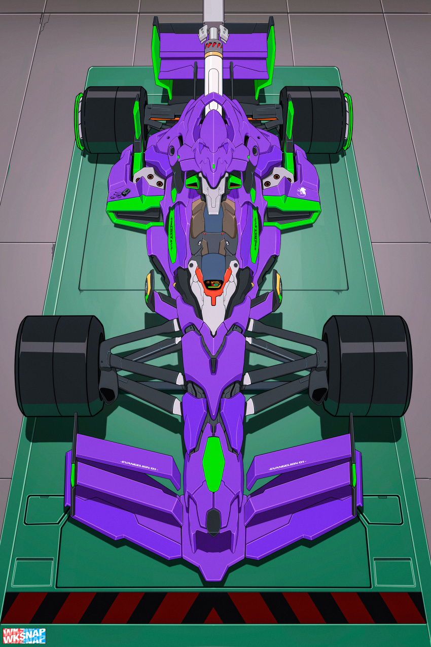 absurdres, artist_logo, car, commentary, english_commentary, eva_01, formula_one, from_above