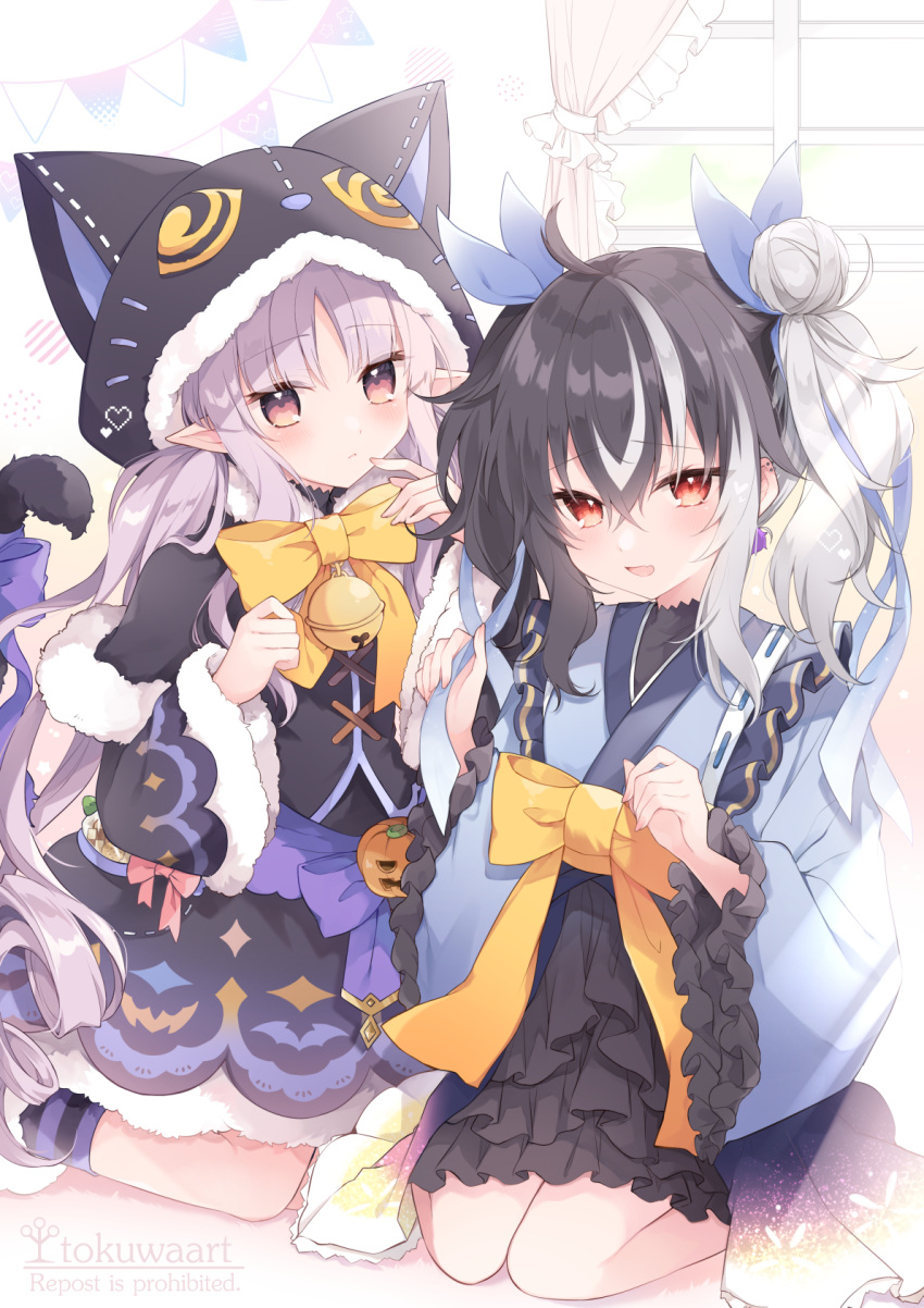 2girls, :d, ahoge, animal_ears, bangs, bear_ears, bell, black_capelet