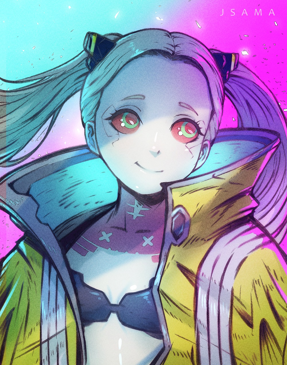 1girl, artificial_eye, artist_request, black_jacket, bra, breasts, colored_sclera, colored_skin, cyberpunk, cyberpunk_(series), cyberpunk_2077, cyberpunk_edgerunners, cyborg, green_hair, highres, jacket, long_hair, mechanical_eye, neck_tattoo, rebecca_(cyberpunk_edgerunners), red_sclera, samurai_jacket_(cyberpunk_2077), small_breasts, solo, tattoo, twintails, underwear, white_skin