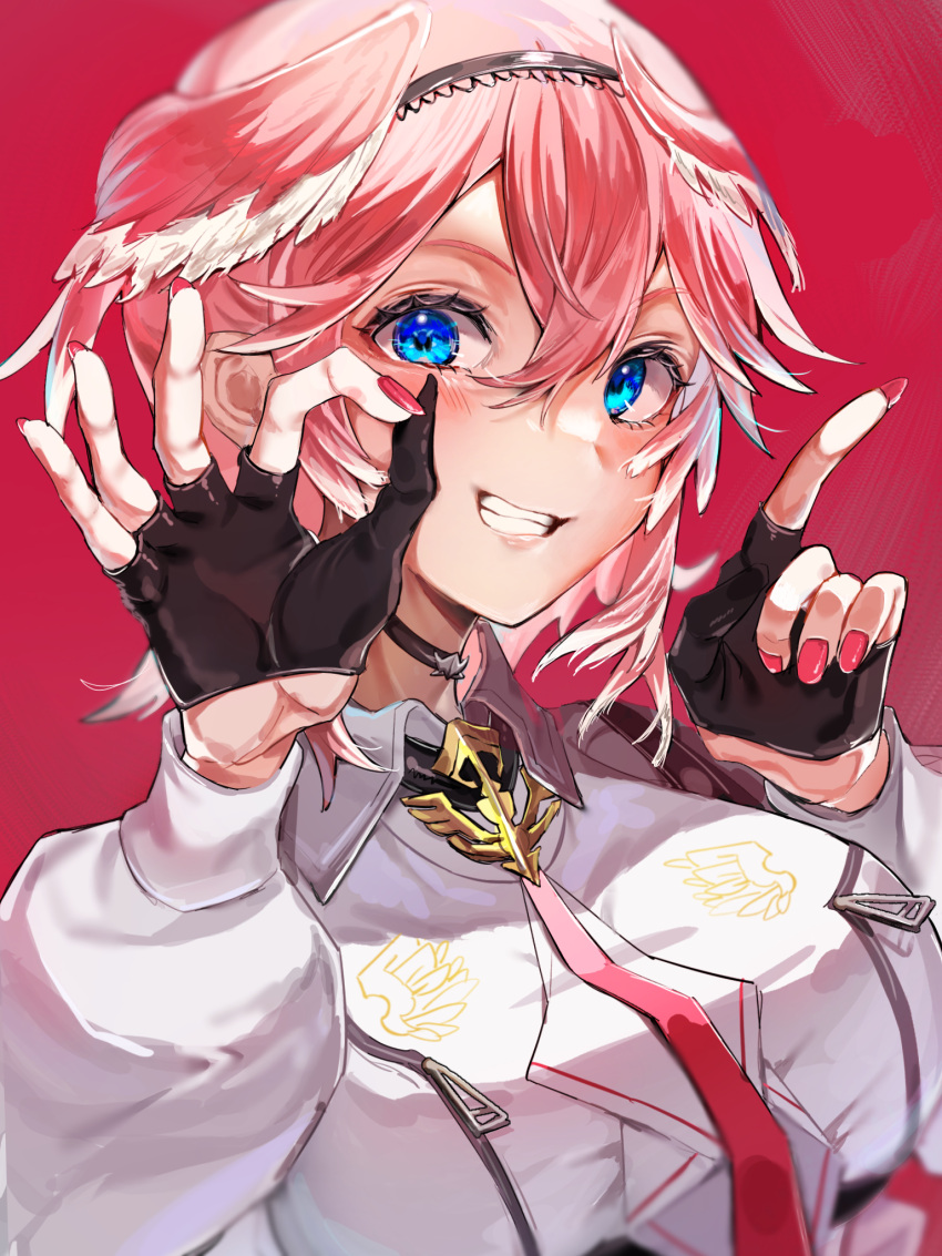 1girl, a0z0_aozo, blue_eyes, blush, breasts, choker, grin, hair_between_eyes