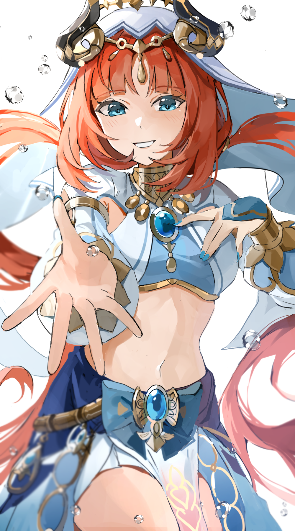 1girl, aqua_eyes, bangs, blue_nails, bow, brooch, circlet, cowboy_shot