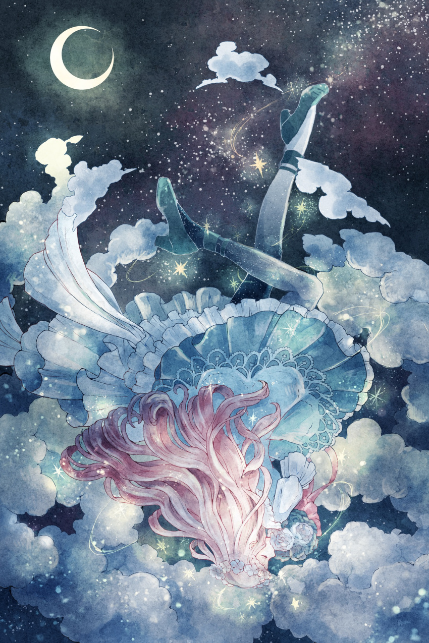 1girl, blue_dress, bouquet, closed_eyes, clouds, cocoroppy, commentary_request, crescent_moon, dress, flower, frilled_dress, frills, from_side, full_body, head_wreath, high_heels, highres, holding, holding_bouquet, layered_dress, long_hair, milky_way, moon, night, night_sky, original, outdoors, pantyhose, pink_hair, sky, solo, star_(sky), starry_sky, upside-down, white_pantyhose, white_sleeves