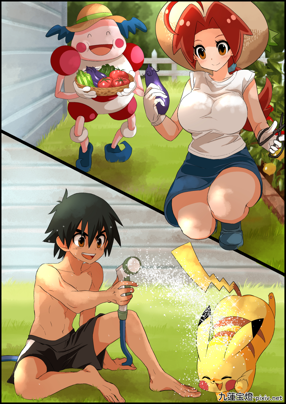 1boy, 1girl, ahoge, ash_ketchum, black_hair, blue_scrunchie, brown_eyes, brown_hair