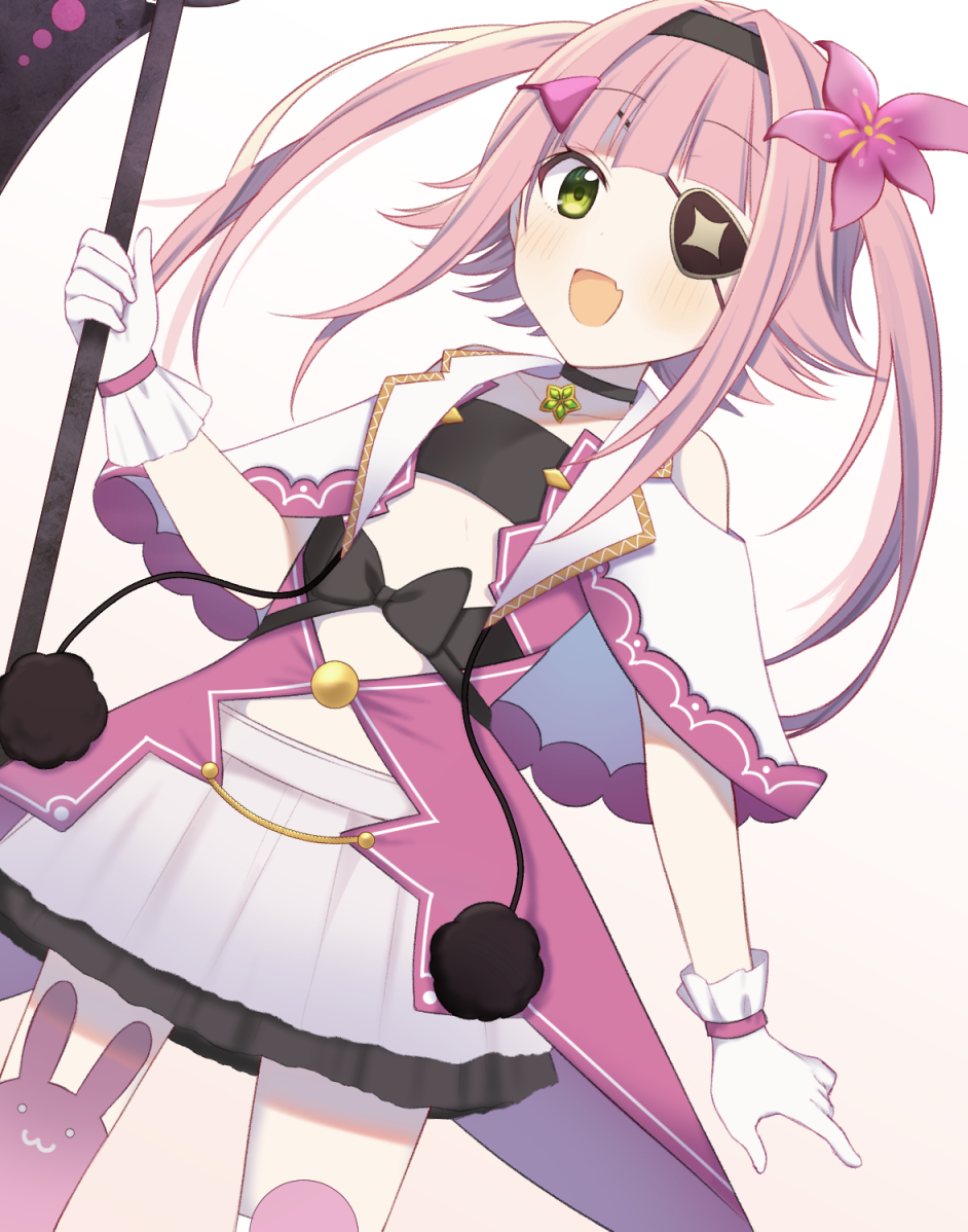 1girl, bangs, blunt_bangs, blush, choker, eyepatch, fang, fujishiro_emyu