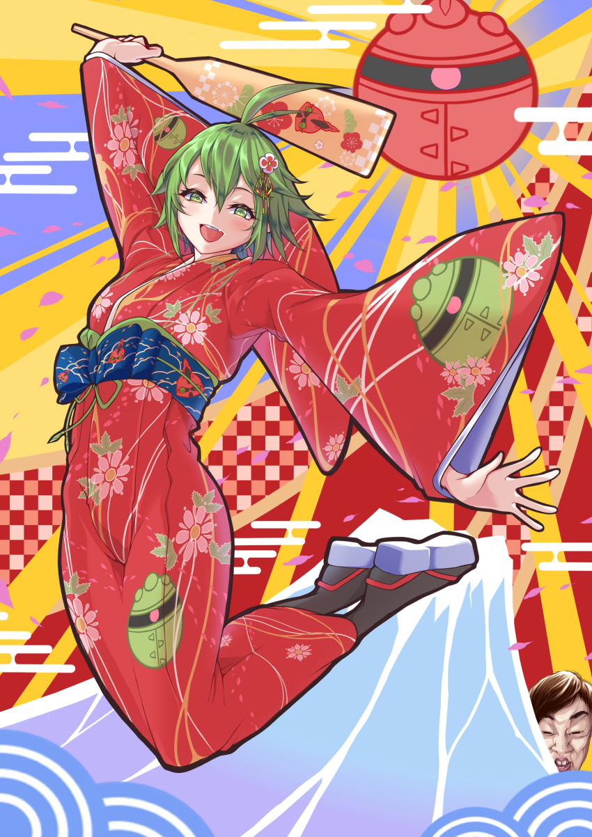 1boy, 1girl, absurdres, black_hair, buck_teeth, commentary_request, fang, floral_print