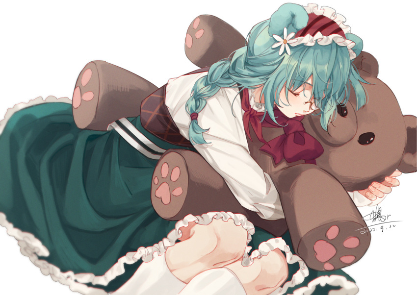 1girl, animal_ears, aqua_hair, arknights, bear_ears, bear_girl, braid, dated