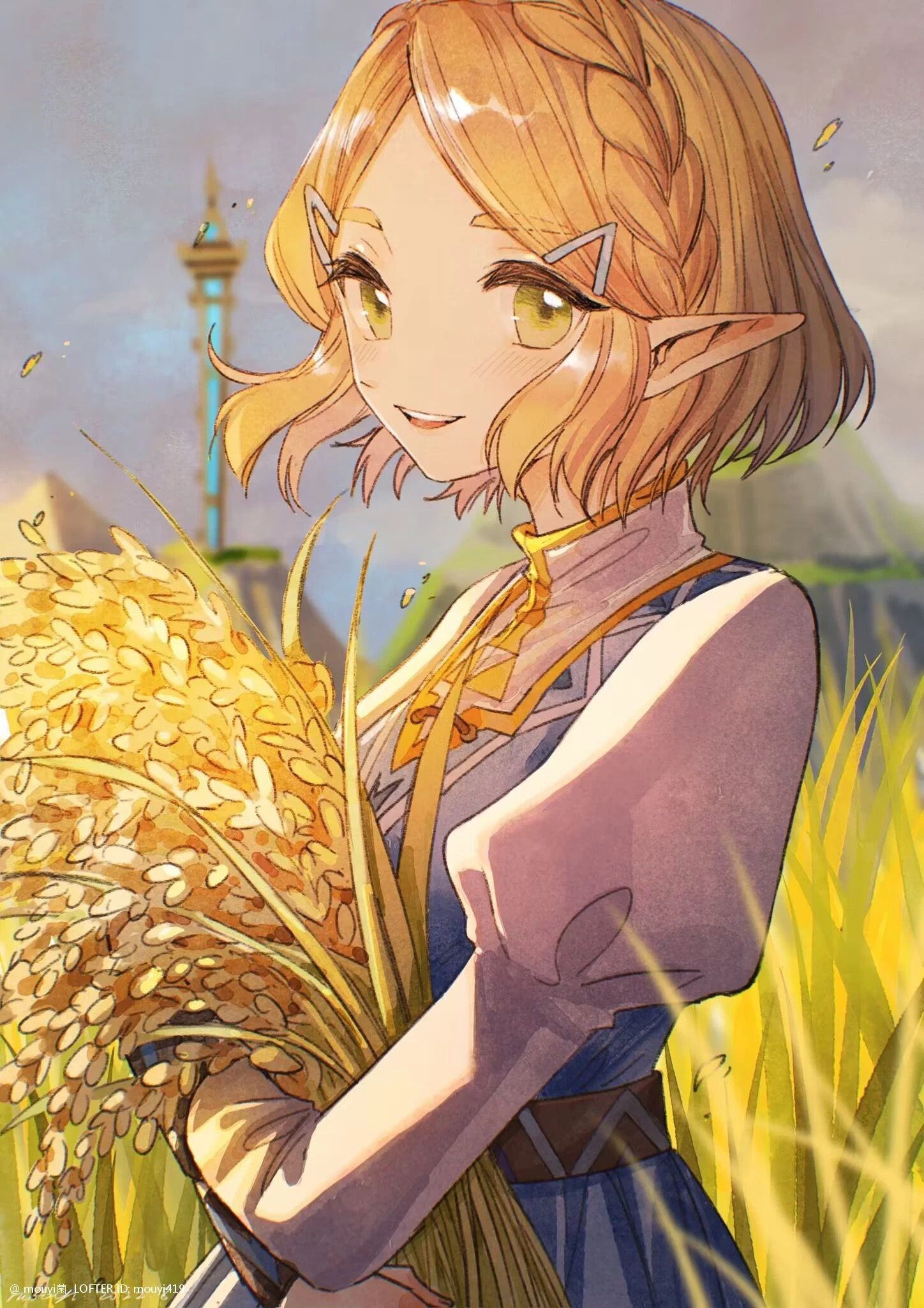 1girl, bangs, blue_dress, bob_cut, braid, breasts, dress, grass