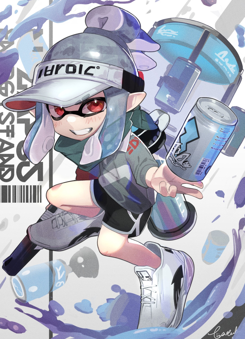 absurdres, can, grin, gun, highres, holding, holding_can, holding_gun, holding_weapon, inkling, n-zap_(splatoon), red_eyes, scarf, shoes, shorts, signature, smile, sneakers, splatoon_(series), splatoon_3, suction_bomb_(splatoon), tacticooler_(splatoon), tatedano_kabae, tentacle_hair, visor_cap, weapon