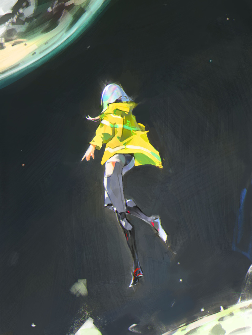 1girl, absurdres, cyberpunk_(series), cyberpunk_edgerunners, earth_(planet), from_behind, full_body, grey_hair