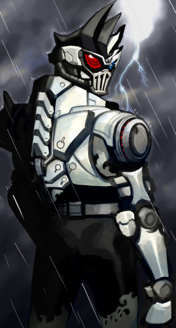 1boy, aze_3, black_bodysuit, blue_eyes, bodysuit, bone, bone_armor, dangerous_zombie_level_x
