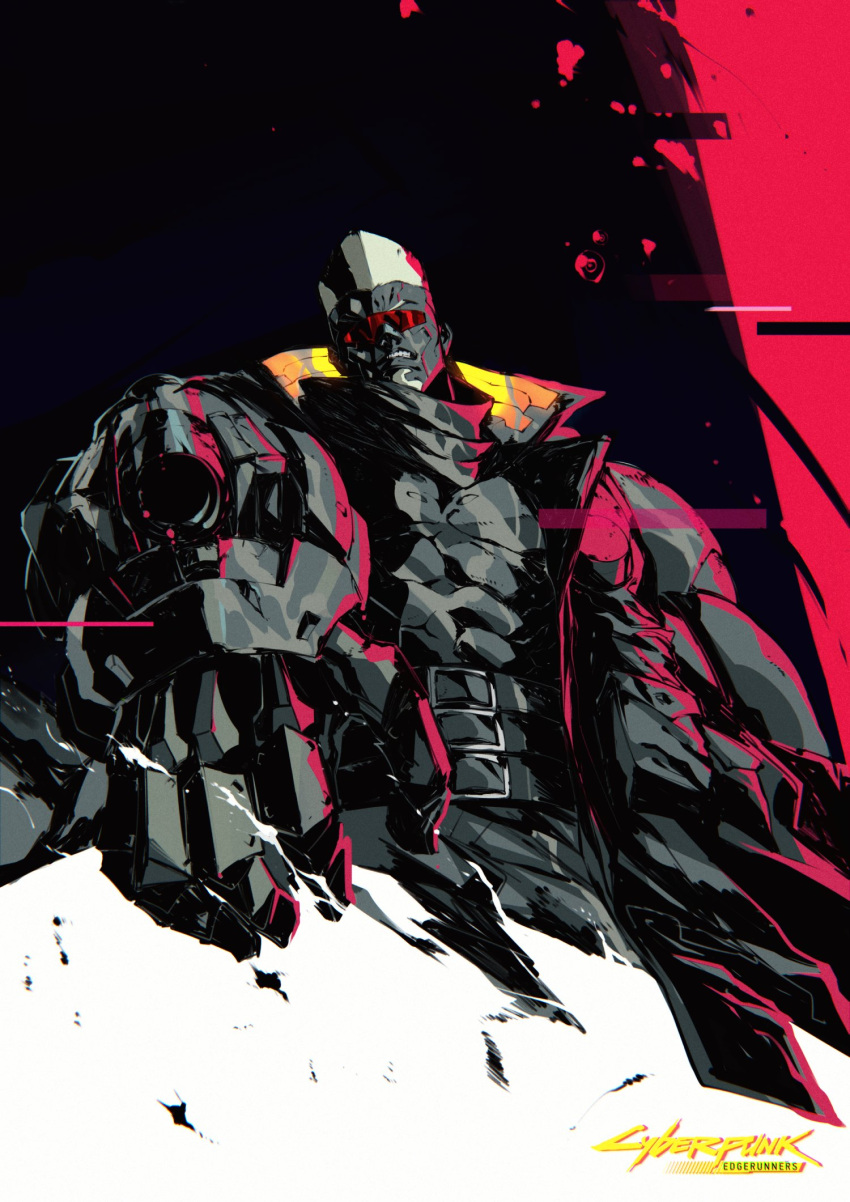 1boy, aiming_at_viewer, arm_cannon, belt, clenched_teeth, copyright_name, cyberpunk_(series), cyberpunk_edgerunners, dark-skinned_male, dark_skin, highres, jacket, kubaushi, looking_at_viewer, maine_(cyberpunk_edgerunners), male_focus, no_shirt, short_hair, solo, sunglasses, teeth, weapon