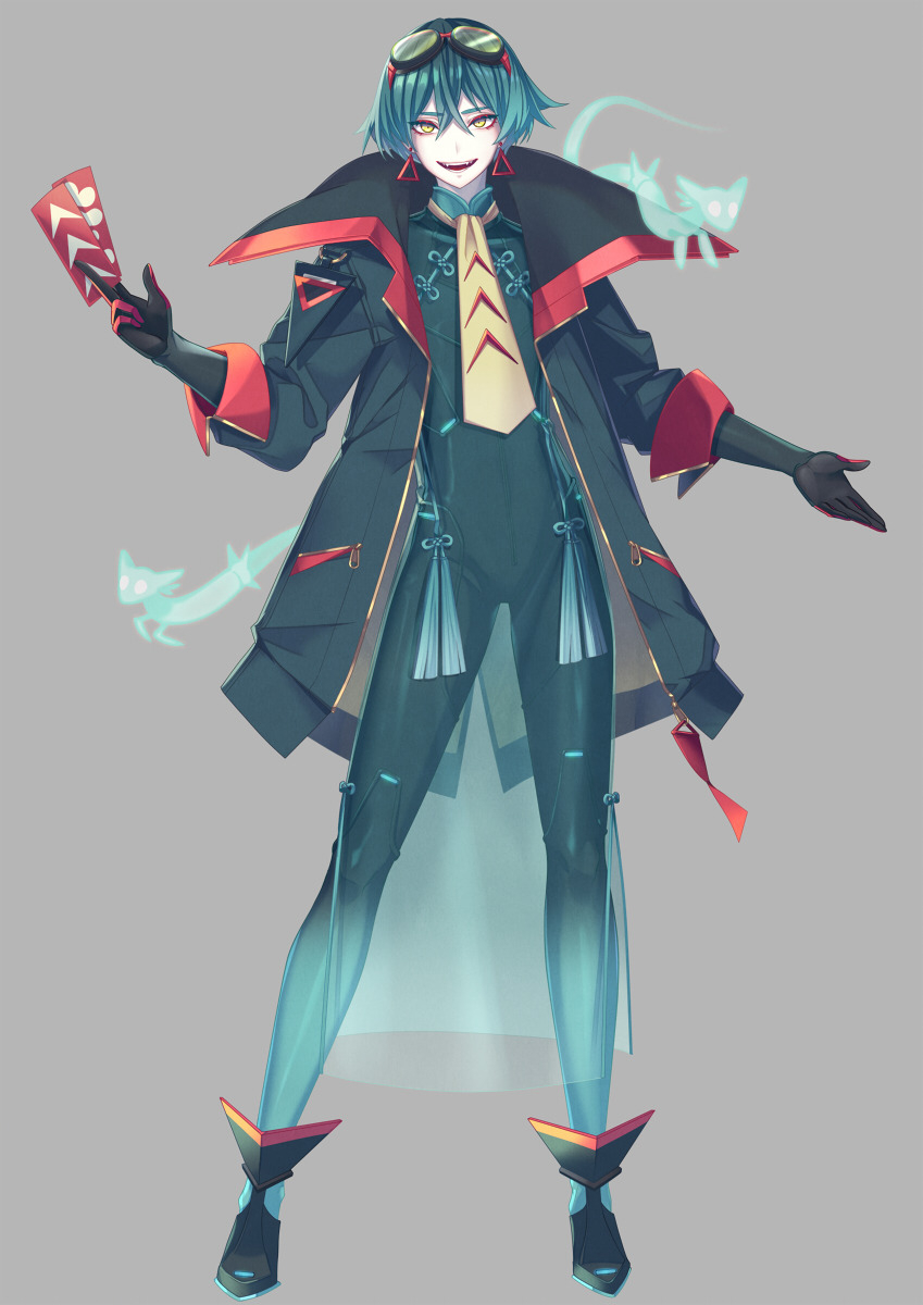 1boy, aqua_hair, bangs, between_fingers, black-framed_eyewear, black_bodysuit, black_coat, black_footwear