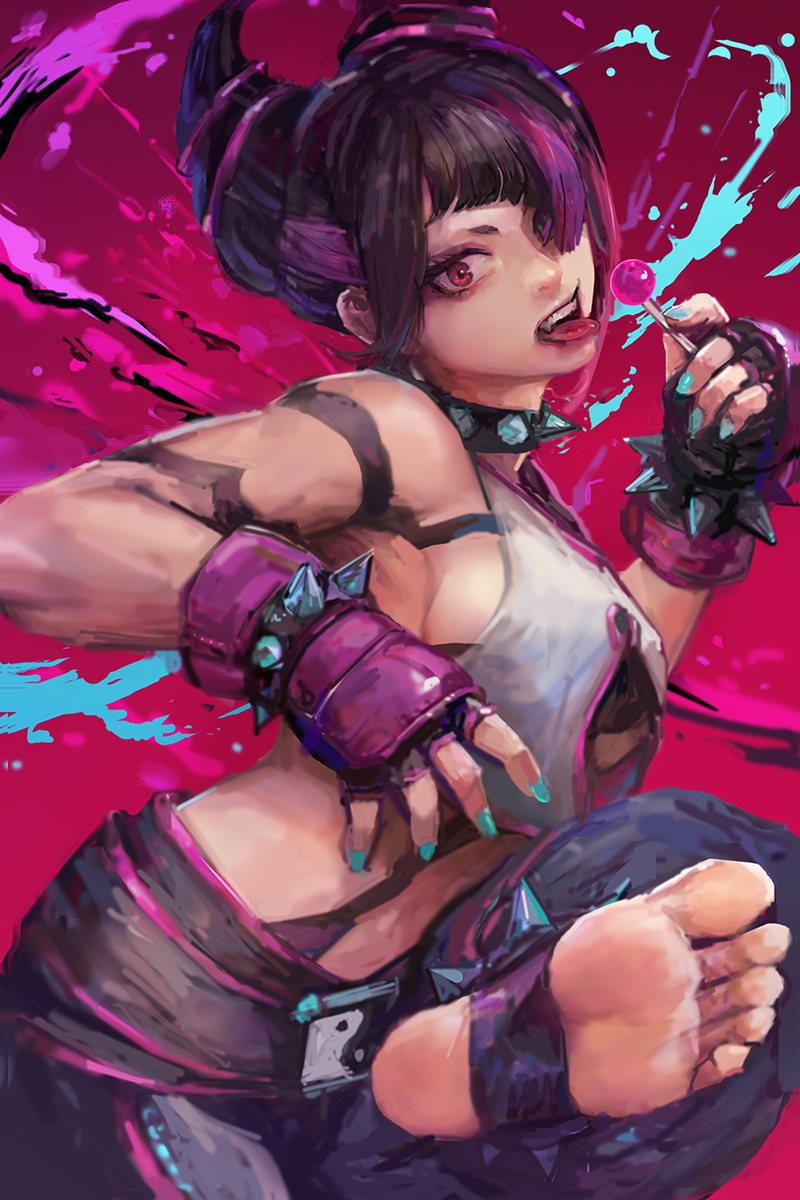 1girl, aqua_eyes, bangs, bare_shoulders, barefoot, belt, black_pants, blue_nails