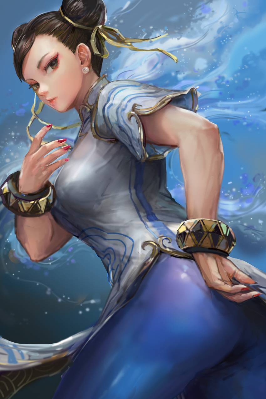 1girl, absurdres, ass, blue_pantyhose, brown_hair, china_dress, chinese_clothes, chun-li, double_bun, dress, earrings, eyelashes, hair_bun, hand_on_hip, highres, jewelry, looking_at_viewer, michemashu, nail_polish, pantyhose, parted_lips, short_hair, short_sleeves, solo, street_fighter, street_fighter_6