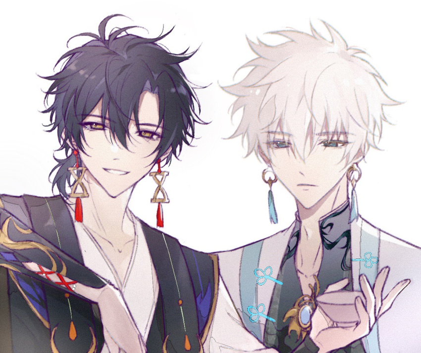 2boys, 9095898383, alcohol, alternate_costume, black_hair, cheng_xiaoshi, earrings, hua_yi_shan_xin_zhi_yue, jewelry, looking_at_viewer, lu_guang, male_focus, multiple_boys, shiguang_dailiren, short_hair, tassel, tassel_earrings, white_background, white_hair, yellow_eyes