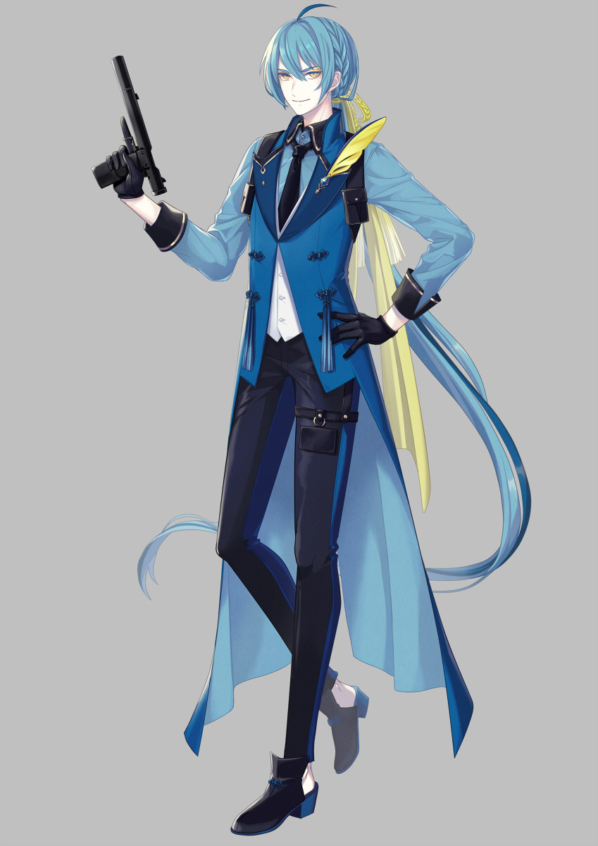 1boy, absurdly_long_hair, ahoge, bangs, black_footwear, black_gloves, black_necktie, black_pants