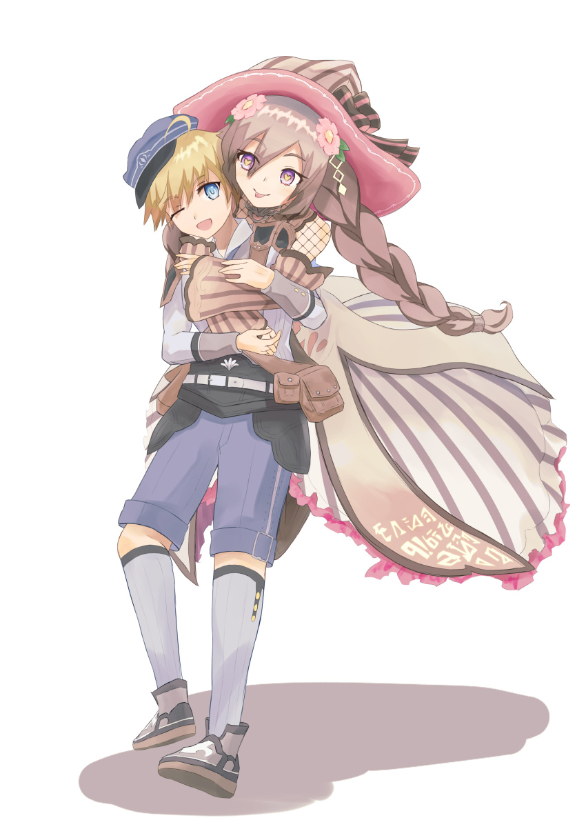 1boy, 1girl, ;d, absurdres, ares_(rune_factory), blonde_hair, blue_eyes, blue_headwear