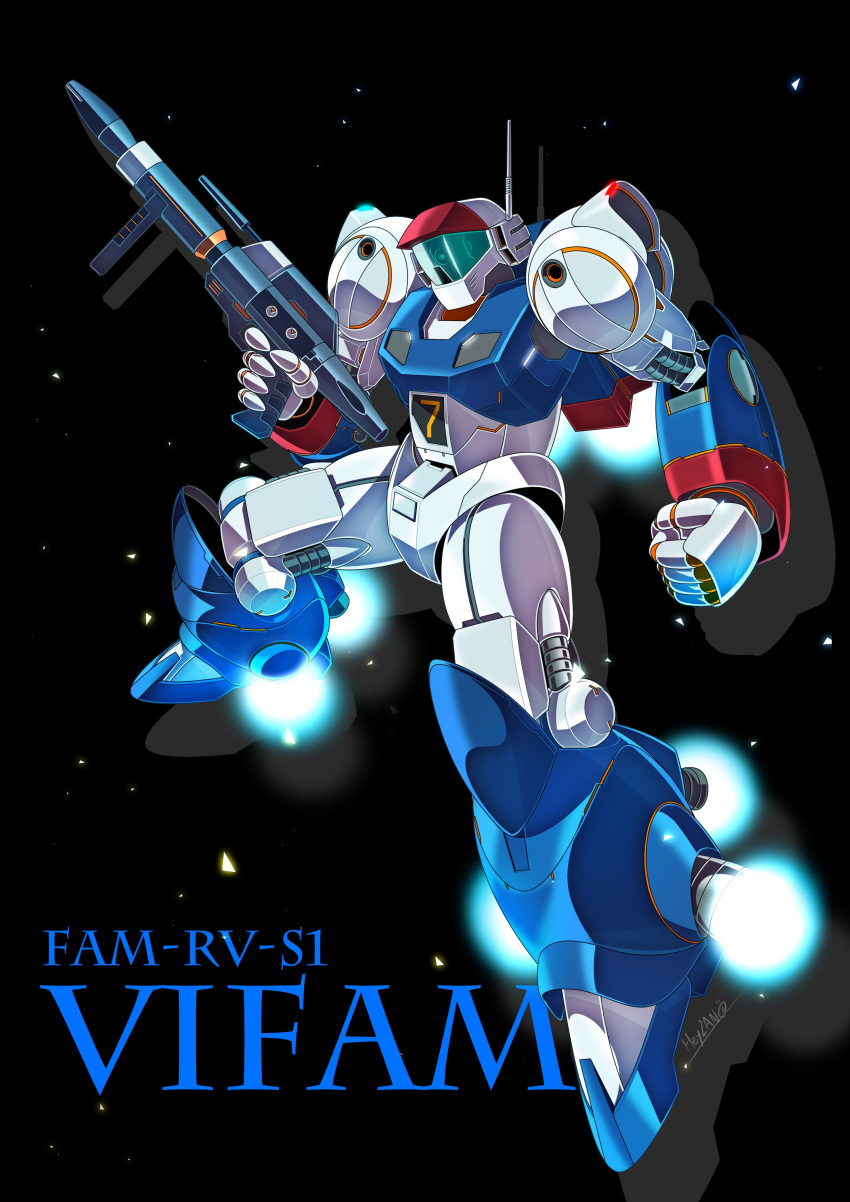 absurdres, assault_visor, character_name, clenched_hand, commission, ginga_hyouryuu_vifam, gun, head_tilt