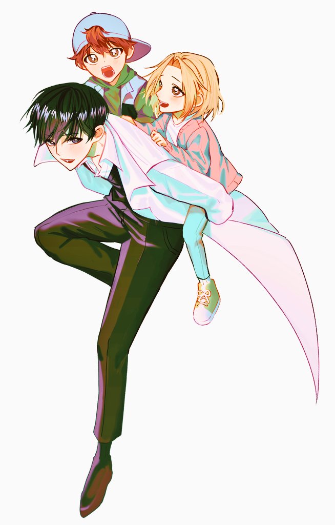 1girl, 2boys, 9158forever, backwards_hat, bangs, baseball_cap, black_eyes, black_footwear