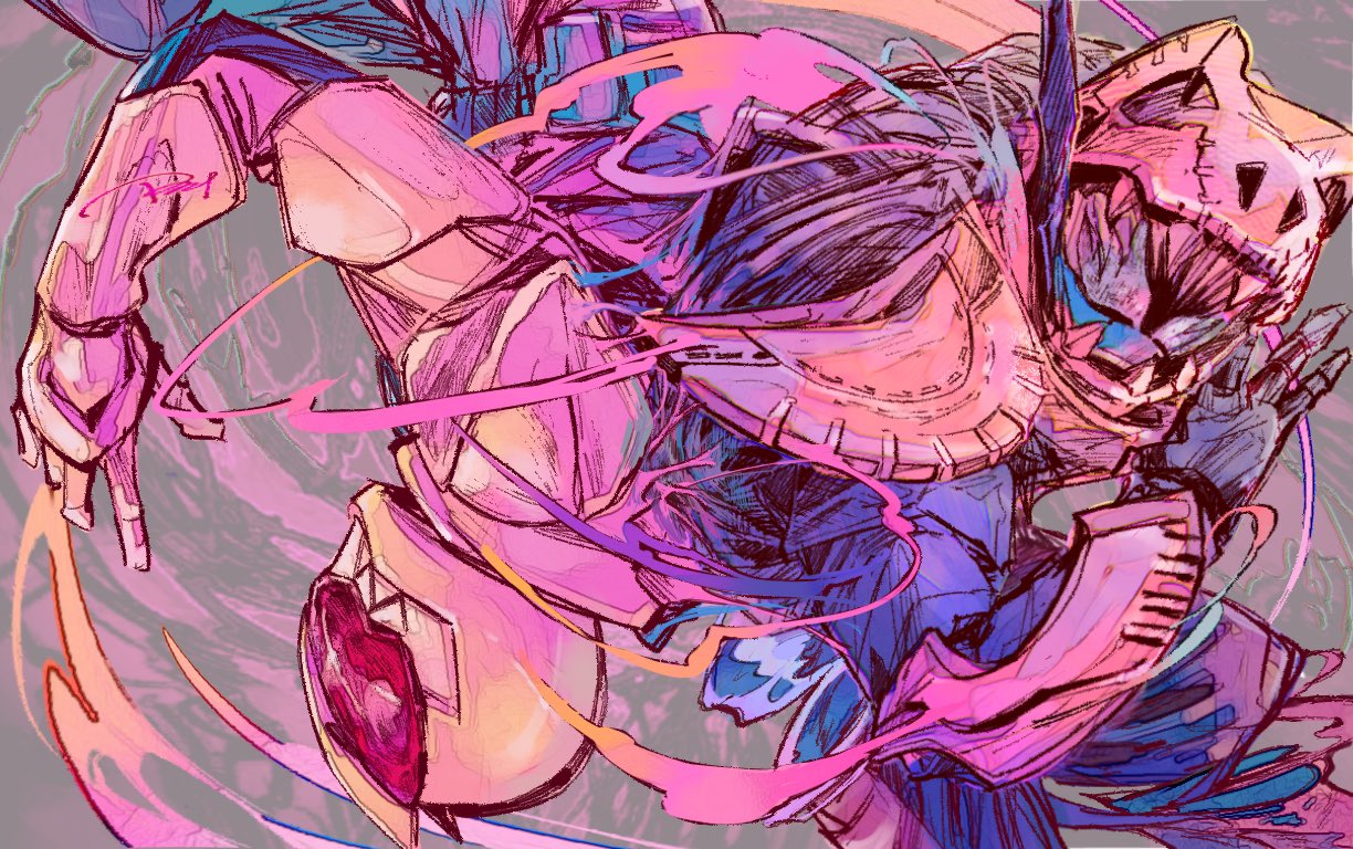 2boys, armor, blue_eyes, bodysuit, conechuce_10, demon, grey_background, kamen_rider, kamen_rider_revi, kamen_rider_revice, kamen_rider_vice, multiple_boys, pink_armor, red_eyes, teeth, tokusatsu